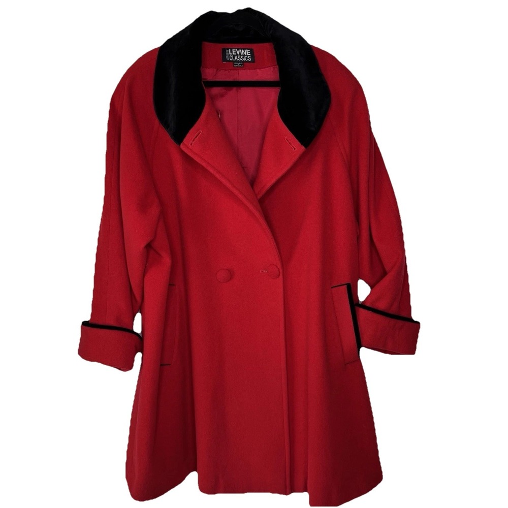 Vintage Levine Classics Coat 16 Red Black Velvet Collar Wool Knee Length*